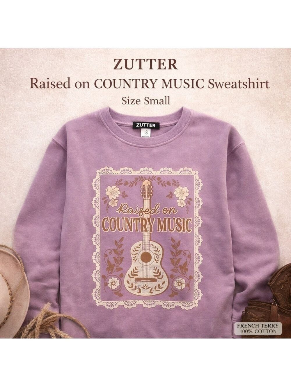 NWT Zutter Raised on Country Music Sweatshirt Small Lavender Western Graphic